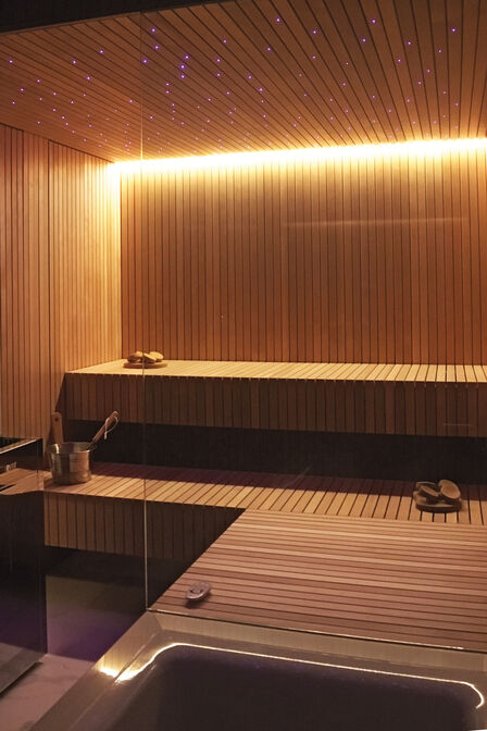 Bio-Sauna aus dem Holz der Hemlock-Tanne. Eine Einzelanfertigung mit Saunaofen aus Edelstahl, Sternenhimmel, indirekter, dimmbarer LED-Beleuchtung und einem Audio-System. Ging Saunabau AG.