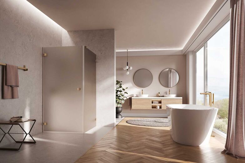 Die Oberfläche «Brushed Metallic» von Kermi bringt Glanz ins Bad, und die Duschkabine «Mena» strahlt edle Eleganz aus. Ausserdem bleibt sie im Alltag länger schön, weil Fingerabdrücke und leichte Wasserspuren weniger sichtbar erscheinen. Arbonia Duschdesign Suisse AG, www.kermi-duschdesign.com