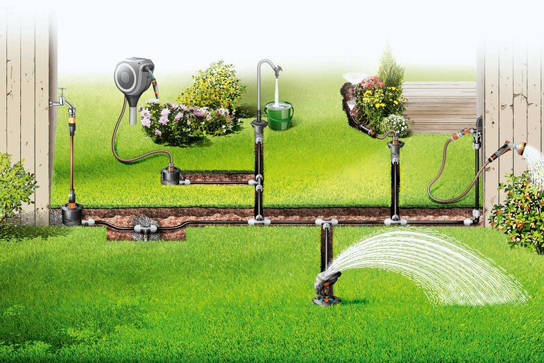 Wenn an verschiedenen Stellen im Garten Wasser benötigt wird, dann ist die «Pipeline» von Gardena eine optimale Lösung Mit dem dauerhaft unterirdisch verlegten System gelangt das Wasser an jede beliebige Stelle des Gartens. Neue Anschlussgeräte wie ein Wasserhahn und ein Regner machen das System jetzt noch attraktiver. Im Garten platzierte Schlauchboxen oder «Micro-Drip-Systeme» lassen sich einfach unterirdisch mit Wasser versorgen, ohne herumliegende Schläuche, die zu Stolperfallen werden. Mit dem neuen «Pipeline Garten-Wasserhahn» kann die flexible Wasserentnahmestelle an jedem Ort im Garten platziert werden. Voraussetzung ist eine entsprechende Wassersteckdose. Auf ihr wird der neue Wasserhahn einfach montiert. Gardena.