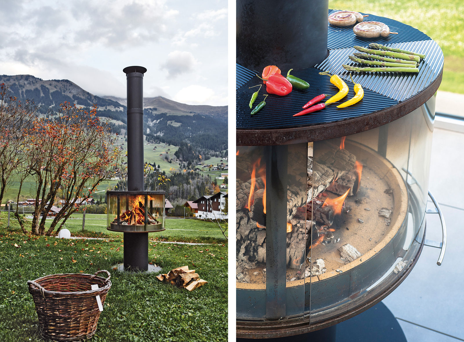 Keine Angst vor Rauch und Funken: Die Outdoor-Feuerstelle «Surprise» ist rundum verglast. Als Zubehör gibt es Grillplatten aus Edelstahl oder Keramikglas. Rüegg Cheminée Schweiz AG.