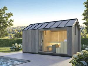 Das freistehende Saunahaus «Fjord» passt sich dank minimalistischem Design gut in die Natur ein. Entworfen wurde der gemütliche Rückzugsort vom Designerduo Tarantik & Egger. Küng Wellness AG.