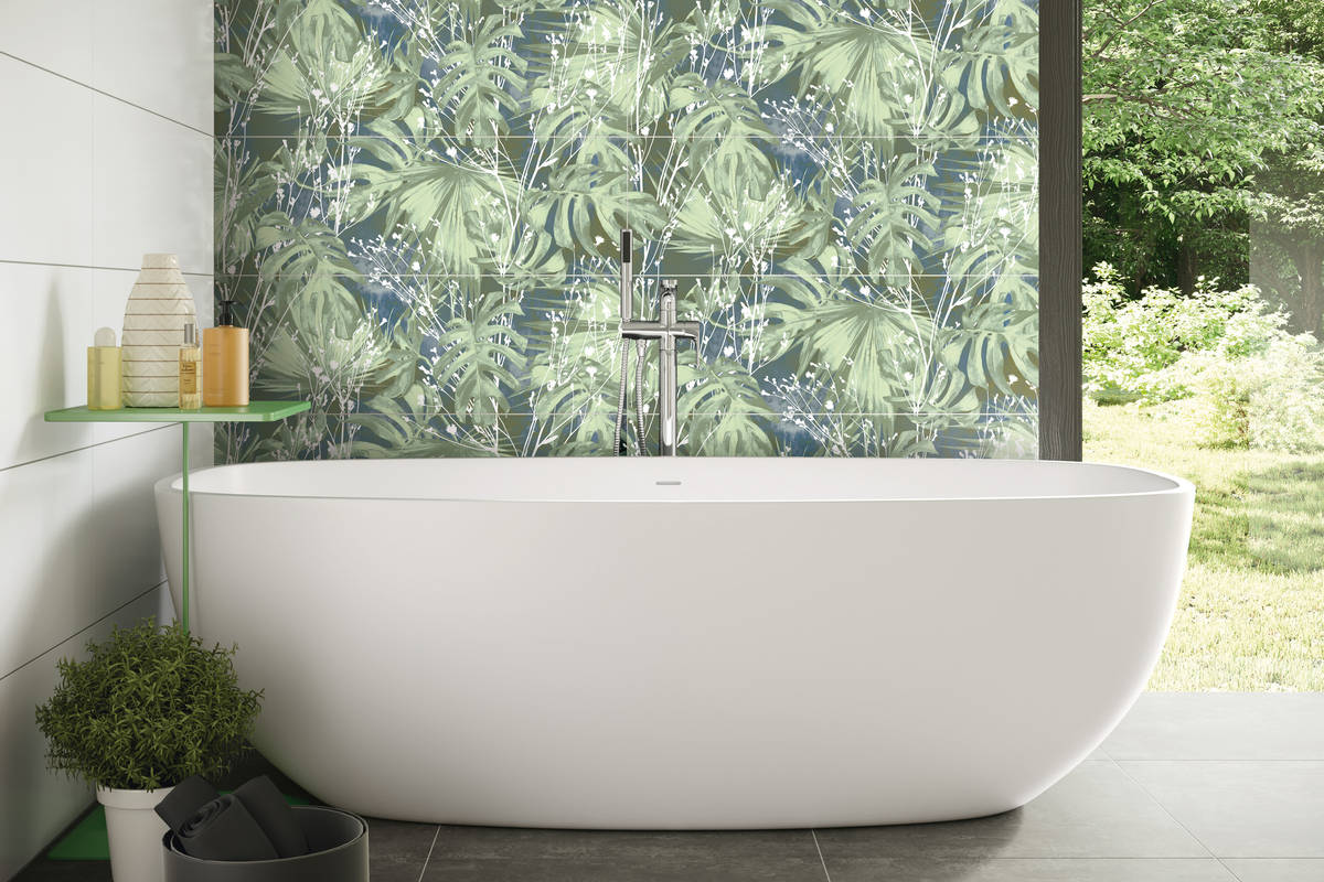 Ab in den Dschungel: Mit verschlungenen Blättern macht «Botanic» das Bad zur Entspannungsoase. Agrob Buchtal.