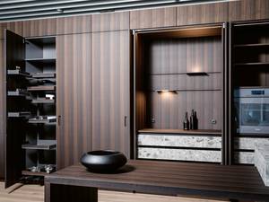 Elegant und puristisch: Schliesst man die Türen der «Orea +», verschwinden Küchengeräte und Utensilien aus dem Blickfeld. Werden sie geöffnet, kommen der Monolith und die durchdachte Beleuchtung zum Vorschein. Orea AG.