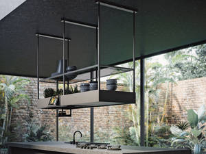 Dass die Italiener einen Sinn für Stil und Schönheit haben, beweisen sie mit dem Modell «Spazio». Die Dunstabzugshaube bietet Platz für Kräuter, Gewürze und eine Tablethalterung – alles kann individuell zusammengestellt werden. Falmec über Fors.