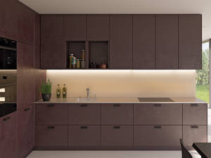 Die neue Oberfläche «Polaris» für die Arbeitsfläche begeistert im angesagten Bronzeton. Die unverwechselbare Struktur wirkt zu dunklen Materialien besonders chic. Suter Inox.