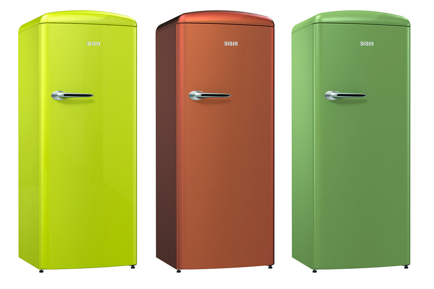 Kühlschrank im Retro-Look von Sibir in den drei Trendfarben Copper, Apple und Olive.