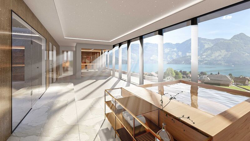 Einzigartige Kulisse mit Blick auf See und Berge.