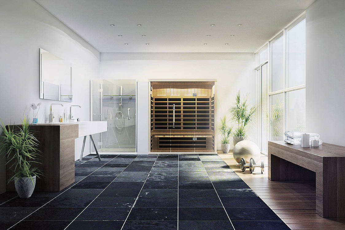 Grossflächige Heizstrahler sorgen für eine gleichmässige Wärme bei vergleichsweise geringem Energieverbrauch. Infrarotkabine «Pure Infra», Nima.