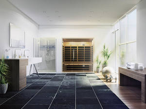 Grossflächige Heizstrahler sorgen für eine gleichmässige Wärme bei vergleichsweise geringem Energieverbrauch. Infrarotkabine «Pure Infra», Nima.