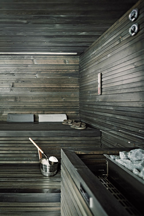 Das Modell «Glamour Sauna Pro» von Starpool ist mit seinem dunklen Holz eine Hommage an die traditionell finnische Ausführung. Fimex.