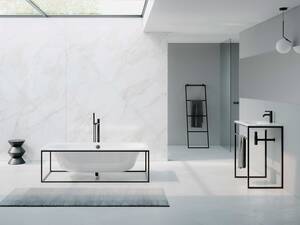 Echte Hingucker sind die schwerelos wirkende Badewanne «Riva Frame» und der dazu passende Waschtisch «Duett Frame». Die Wanne ist in zwei Grössen erhältlich und lässt sich auf Wunsch mit verschiedenen Optionen ausstatten. Wilhelm Schmidlin AG.