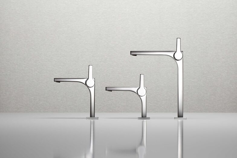 Die Armaturen der «Edition 11» stehen für geradlinige Konturen und eine geometrische Ästhetik. Sie sind als Waschtisch- oder Wandarmatur erhältlich. Keuco GmbH & Co. KG.