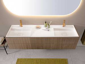 Die Waschbecken aus der Serie «Alterna alani» vermitteln Spa-Gefühl im Badezimmer. ­Natürliche Farben und Materialien stehen zur Auswahl. Neben dem Design in Echtholzfurnier ­setzen matte Lackfarben Akzente im Bad. Sanitas Troesch.