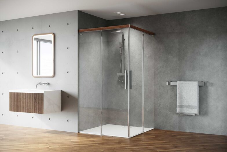 Für ein wertiges, zeitloses Ambiente kommen die Schiebe- und Pendeltüren «Viva» mit einer Echtholzveredelung daher. Die Dekoreinlagen sind in den Ausführungen Eiche, Eiche Wild Weiss und Nussbaum erhältlich. Duscholux AG.