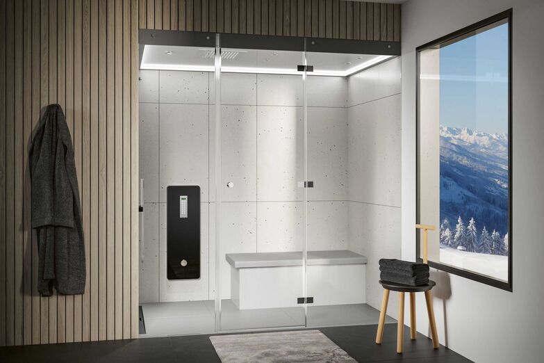 Die Keramikbank «Banff» ohne Rückenlehne ist puristisch gehalten und eignet sich zum bequemen Liegen im Dampfbad. Repabad GmbH.