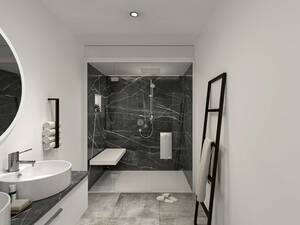 Die «SteamShower» wird aus dem robusten Werkstoff WSP ausgeführt, der in jedem Farbton mit matter oder glänzender Oberfläche erhältlich ist. Das Besondere: Die Duschkabine lässt sich mit einem Foto oder Materialimitat nach Wahl personalisieren. Küng Wellness AG.