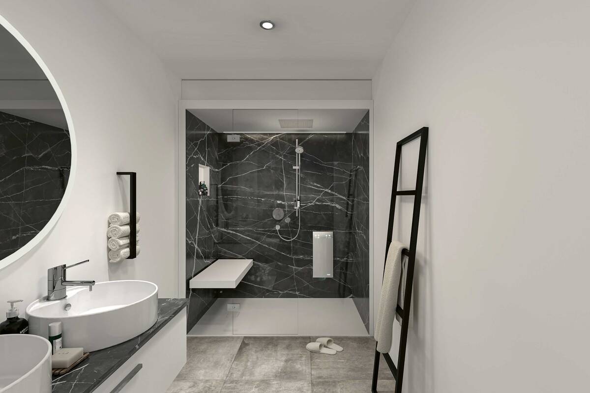 Die «SteamShower» wird aus dem robusten Werkstoff WSP ausgeführt, der in jedem Farbton mit matter oder glänzender Oberfläche erhältlich ist. Das Besondere: Die Duschkabine lässt sich mit einem Foto oder Materialimitat nach Wahl personalisieren. Küng Wellness AG.