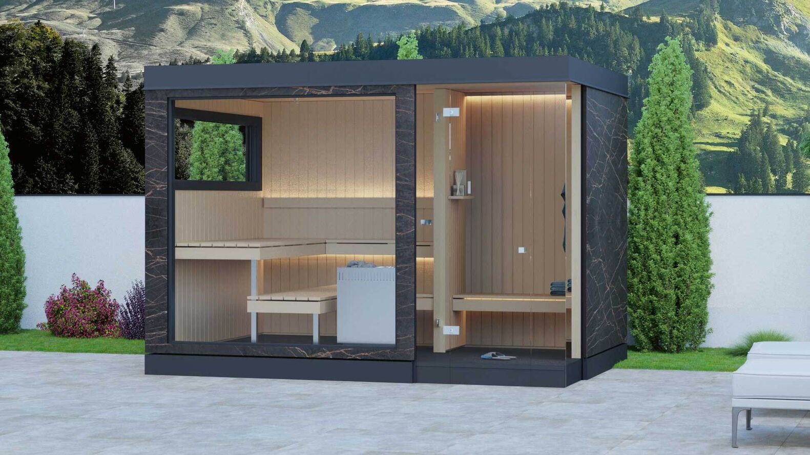 Holzsauna im High-tech-Gewand: Die «Nido Outdoor» hat eine Hülle aus «DKTN by Cosentino», einem robusten Hightech-Material im Naturstein-Look. Küng Wellness AG, www.kueng.swiss