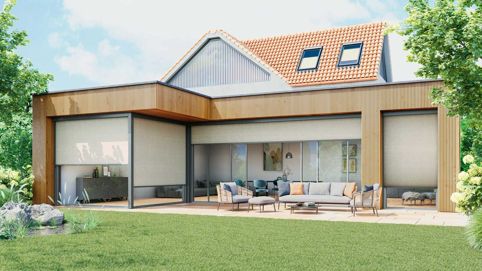 Die Senkrechtmarkise «zip 6» beschattet Fenster mit einer Breite von bis zu sechs und 3,5 Metern Höhe. Selbst bei unterschiedlichen Fensterbreiten sorgen die massgleichen Kassetten für ein einheitliches Erscheinungsbild. www.mhz.ch