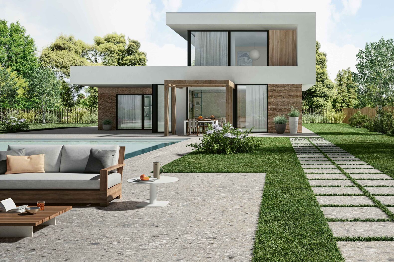 Das Feinsteinzeug «Miami» erinnert mit seinem unregelmässigen Farbspiel an den lombardischen Naturstein Ceppo die Grè. Hug Baustoffe AG, www.hug-baustoffe.ch