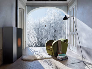 Beim Pelletofen «Reflex» ist die Flamme nicht direkt sichtbar. Die vertikalen Lamellen aus Aluminium verhindern nämlich den vollständigen Blick ins Feuer. MCZ.