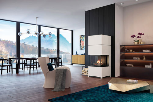 Auf weniger als einem Quadratmeter Wohnfläche kann der Kaminofen «Tilia» in nicht mal einem Tag nahezu staubfrei installiert werden. Die Verkleidung im angesagten Industrial Style ist aus pulverbeschichtetem Stahl.  Rüegg Cheminée.