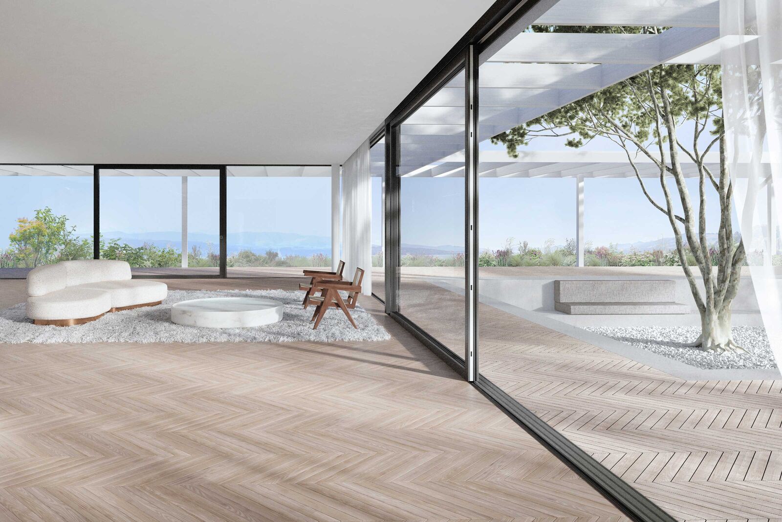 Die schlankste Holz-Metall Schiebetüre der Schweiz: Mit der «ST2» von 4B rückt das Panorama in den Vordergrund, während der Fensterrahmen optisch fast gänzlich verschwindet.