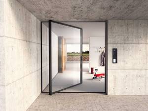 Ein leichter Druck auf den Griff von «Pivot» genügt und der Glasflügel schwingt elegant um den Drehpunkt. Sky-Frame.