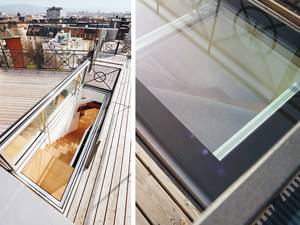Dank der neuartigen Konstruktion des isolierten Aluminiumprofils lässt sich der Fensterflügel des Dachzugangs bis zu 88° weit öffnen.  Die äussere Scheibe des Isolierglases überdeckt das Flügelprofil, eine Ganzglasoptik entsteht. Stebler.