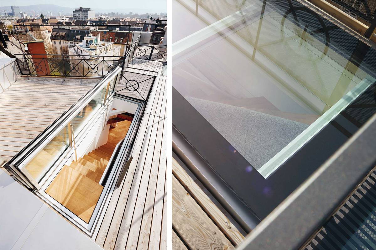 Dank der neuartigen Konstruktion des isolierten Aluminiumprofils lässt sich der Fensterflügel des Dachzugangs bis zu 88° weit öffnen.  Die äussere Scheibe des Isolierglases überdeckt das Flügelprofil, eine Ganzglasoptik entsteht. Stebler.