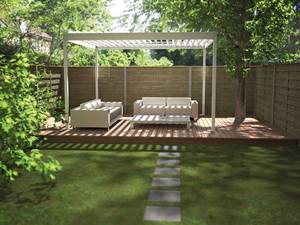 Sonnenschutz und Lüftung lassen sich durch 120° manuell drehbare Aluminium-Lamellen regeln. Terrassenüberdachung «Azore», Tomwood.