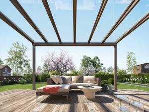 Terrassendach «Terrazza Pure» überzeugt durch eine hochwertige, langlebige Aluminiumkonstruktion. In Dachträger und Pfosten können Dekorleisten und LED-Farbbänder integriert werden. Griesser AG.