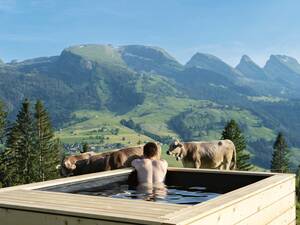 Der Badebrunnen ist eine Mischung aus Brunnen und Schwimmbecken, mit biologischer Reinigung. Er ist selbsttragend und muss nicht eingegraben und betoniert werden. Erhältlich in zwei Grössen. Abderhalden Gartenbau AG.