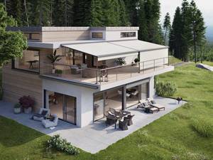 Die Markise «Pergola» wird mit ihrer Tuchkassette entweder am Haus befestigt oder am freistehenden Modell «Syncra». Sie kann bis zu 90 Quadratmeter grosse Flächen vor Sonne schützen. Markilux.