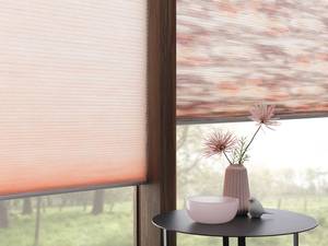 Die unterschiedliche Lichtabsorption der eingesetzten Farben lassen reizvolle Effekte entstehen, die eine ganz besondere Raumstimmung schaffen. Die Wabenstruktur der Faltstores schenkt den Mustern zusätzlich Tiefe und Struktur. Duette.