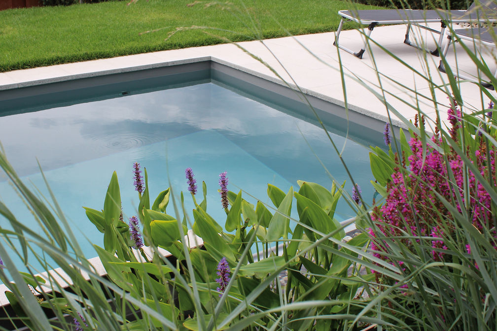 Kleiner Biopool mit grosser Wirkung: Es braucht kein grosses Becken für viel Badespass. Zwischen Rasen und Sitzplatz stand nicht viel Platz zur Verfügung, das Fertigbecken ist gerade 2,5 x 3,5 m gross. Umso wichtiger war in diesem Fall die Auswahl und Positionierung der Pflanzen. Der Hang wurde mit Steinkörben terrassiert. Das Trendmaterial Rohstahl und die Unterwasserschweinwerfer geben dem Garten das gewisse Etwas. Lehnert AG.