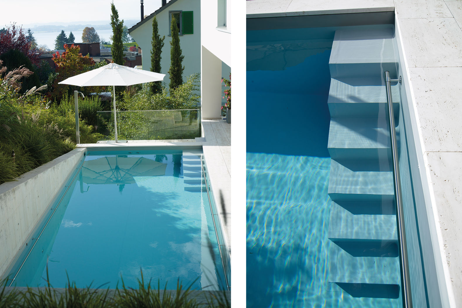 Betonschwimmbad mit Folienauskleidung und eingebauter Einstiegstreppe. Länge 9,8 m, Breite 3 m, Tiefe 1,5 m. Umrandung Travertin-Platten. Automatische Unterflur-Rollladenabdeckung mit Solarlamellen, Skimmer und Armaturen aus Edelstahl, 2 Unterwasserscheinwerfer, Haltestangen aus Edelstahl an beiden Längsseiten. AC Schwimmbadtechnik.