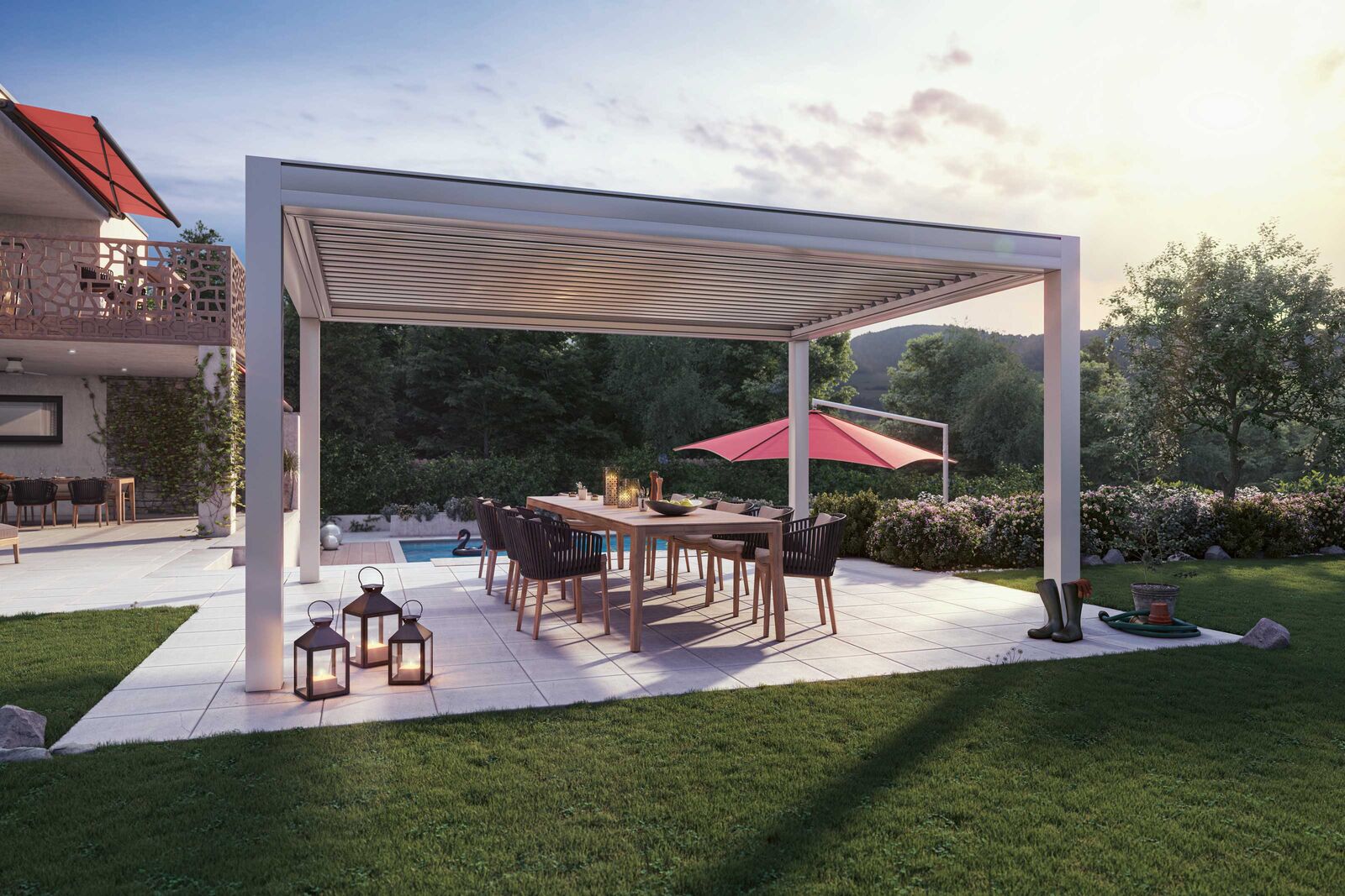 Die Pergola mit Lamellendach «LD 6» ist eine wind-, regen- und sonnenbeständige Terrassenüberdachung. Die stufenlos justierbaren Lamellen sorgen für eine optimale Tageslichtregulierung und ein gutes Bioklima durch natürlichen Wärmeausgleich.