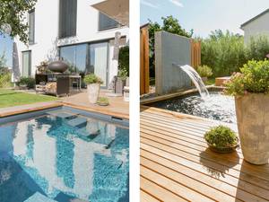Ein Ort zum Entspannen: Der 3 x 3 x 1,6 m grosse Kunststoffpool mit Massagedüsen, Luftsprudelliege, und Wasserschwall kann ganzjährig genutzt werden, er wird über eine Wärmepumpe beheizt. Ein begehbares Holzdeck dient als Sonnendeck und erweitert die Terrasse. Zireg Ziswiler GmbH.