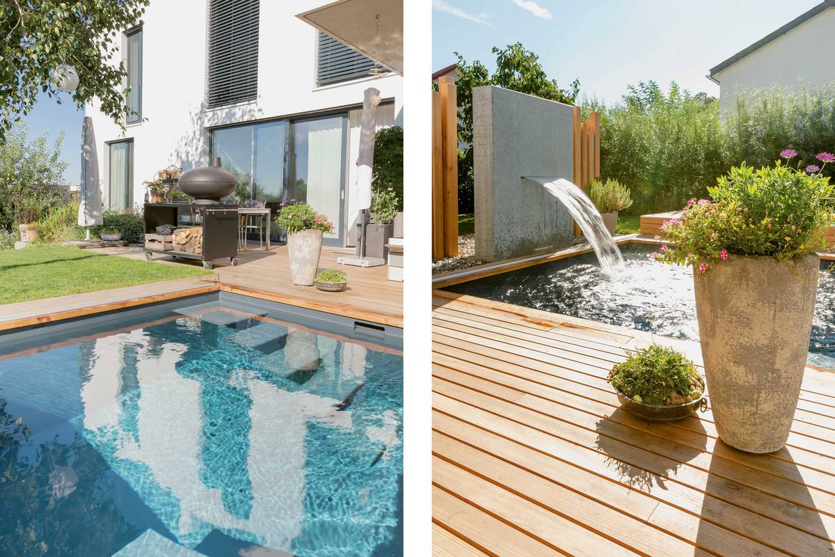 Ein Ort zum Entspannen: Der 3 x 3 x 1,6 m grosse Kunststoffpool mit Massagedüsen, Luftsprudelliege, und Wasserschwall kann ganzjährig genutzt werden, er wird über eine Wärmepumpe beheizt. Ein begehbares Holzdeck dient als Sonnendeck und erweitert die Terrasse. Zireg Ziswiler GmbH.