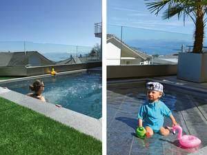 Mal tief, mal flach: Der Edelstahlpool «Terramare» ist beides, Planschbecken für die Kleinen oder Schwimmbecken für die Grossen. Der Boden des Beckens kann stufenlos abgesenkt werden. Wird nicht gebadet, kann er ganz hochgefahren und als freie Fläche beliebig genutzt werden. Mein Topf GmbH.