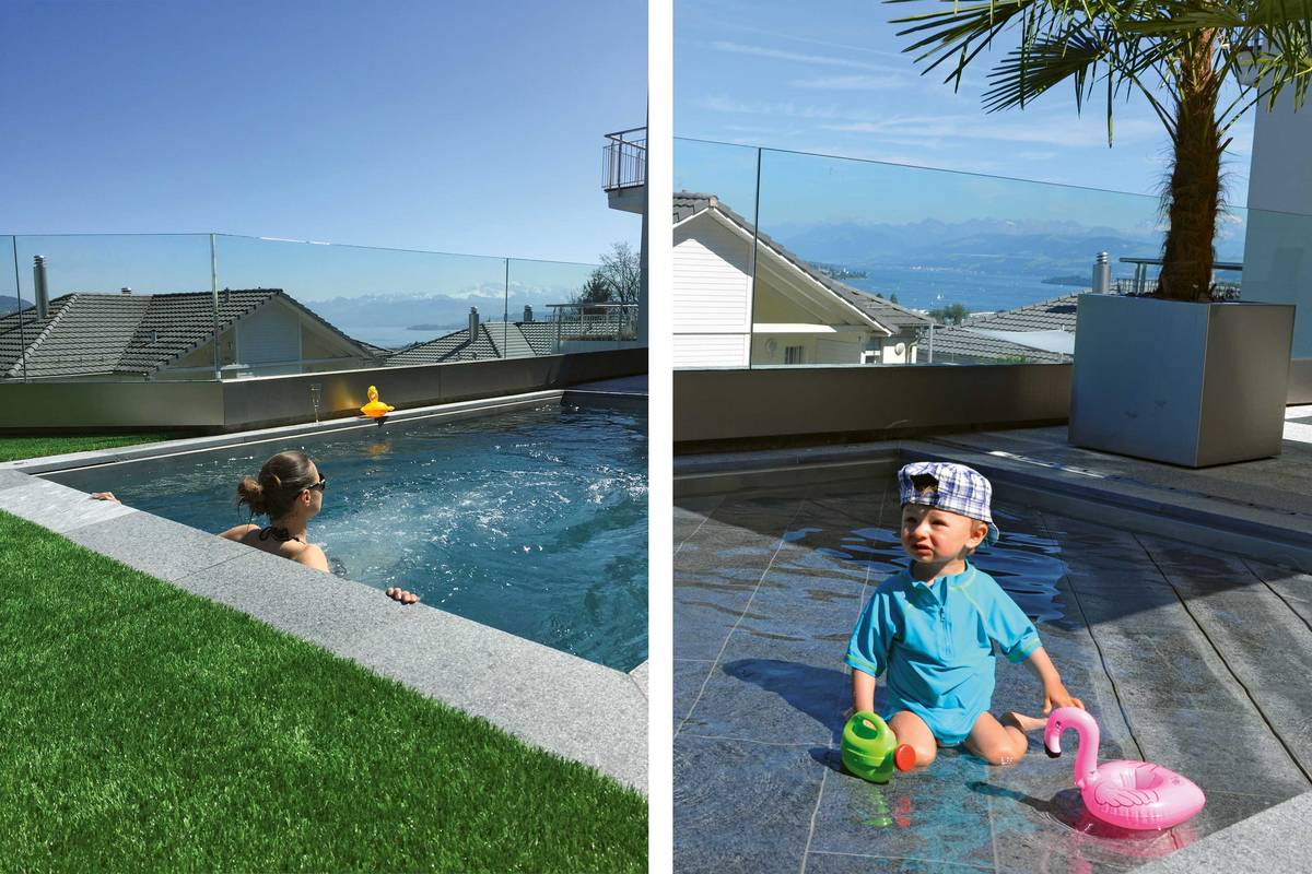 Mal tief, mal flach: Der Edelstahlpool «Terramare» ist beides, Planschbecken für die Kleinen oder Schwimmbecken für die Grossen. Der Boden des Beckens kann stufenlos abgesenkt werden. Wird nicht gebadet, kann er ganz hochgefahren und als freie Fläche beliebig genutzt werden. Mein Topf GmbH.