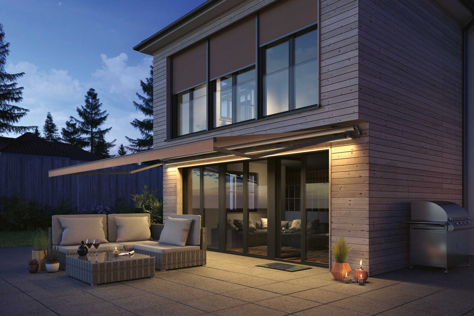 Sich hinsetzen und geniessen: Für die richtige Markisenstellung und das passende Licht sorgt die intelligente Technik. www.warema.ch