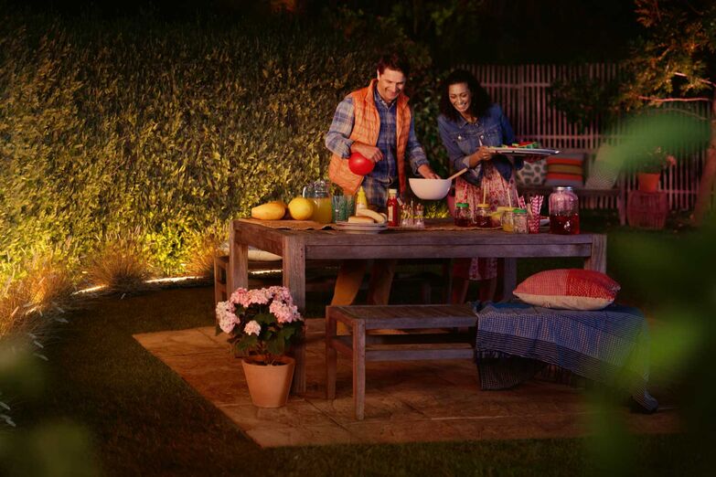 Mit einem LED-Lightstrip lassen sich Gewächse und Terrassen zu programmierten Zeiten effektvoll in Szene setzen. www.signify.com