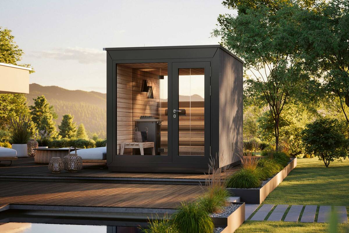 Der schlanke Dachaufbau verleiht der Aussensauna «Taras» moderne Eleganz. Verfügbar sind 23 verschiedenen Grundrissvarianten mit und ohne Vorraum. «Taras» verspricht zudem kurze Aufheizzeiten. Klafs AG.