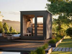 Der schlanke Dachaufbau verleiht der Aussensauna «Taras» moderne Eleganz. Verfügbar sind 23 verschiedenen Grundrissvarianten mit und ohne Vorraum. «Taras» verspricht zudem kurze Aufheizzeiten. Klafs AG.