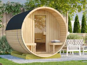Ein Blickfang im Garten. In der Fasssauna können Luft und Wärme durch die runde Form optimal zirkulieren. Dadurch heizt sie schneller auf, unangenehmer Hitzestau wird vermieden. Weka Holzbau über Softub Schweiz AG.