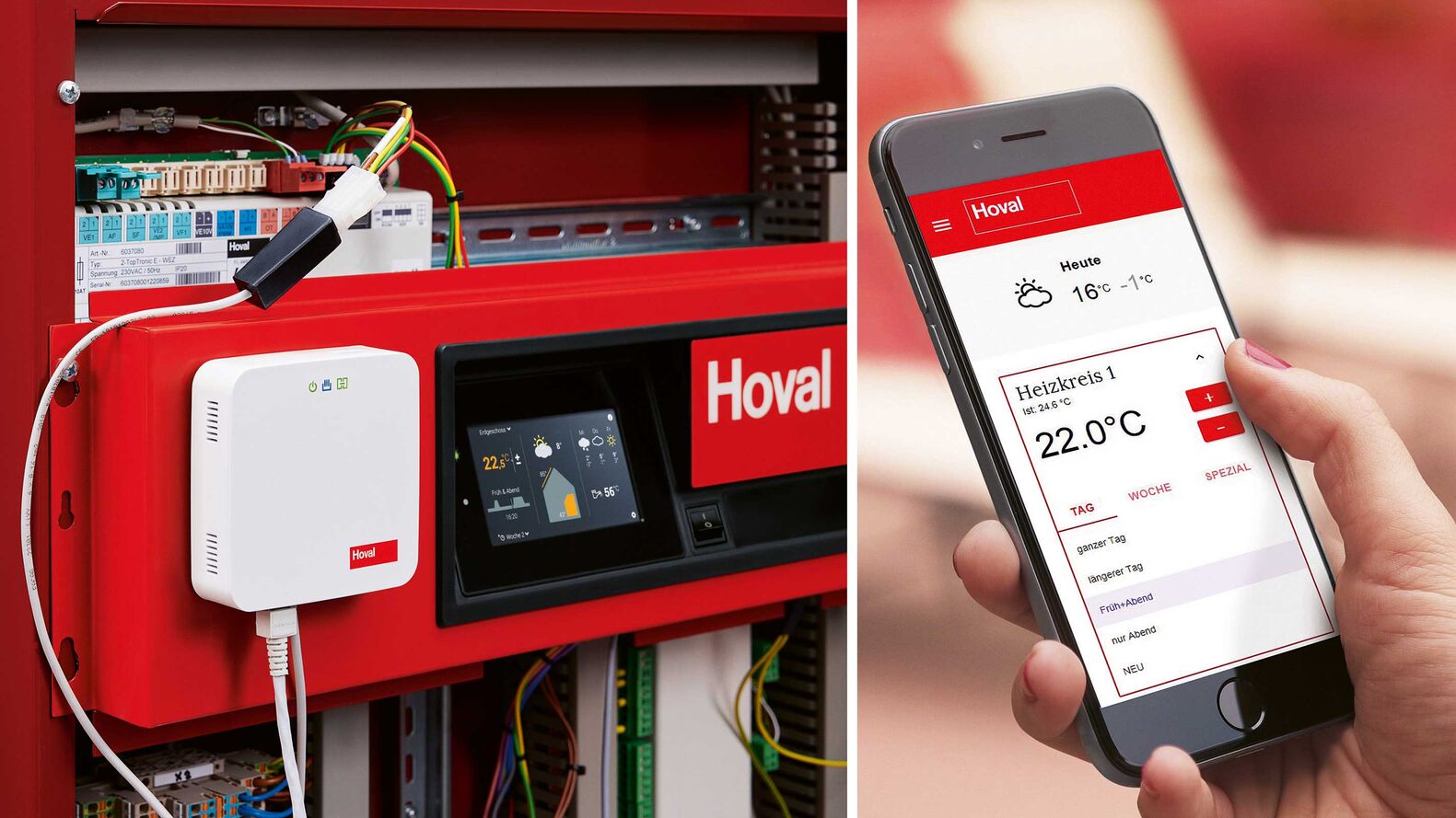 Wird die Heizung vernetzt, können Anwender diese bequem per App steuern – unabhängig vom Aufenthaltsort. www.hoval.ch