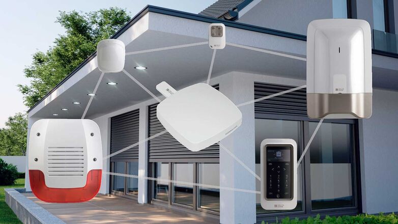 Smarte Systeme vernetzen ­mehrere Komponenten wie Bewegungsmelder und Alarmanlage. www.rademacher.de