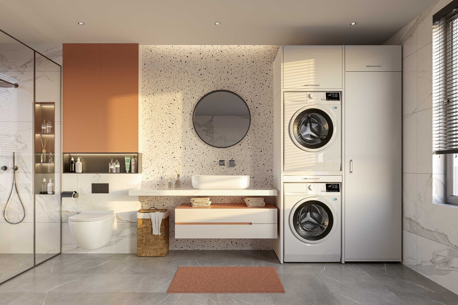 Im modularen Schranksystem von Washtower können handelsübliche Waschmaschinen und Trockner integriert werden. Dazu passend gibt es Aufsatzschränke und Hochschränke. Washtower, www.washtower.ch